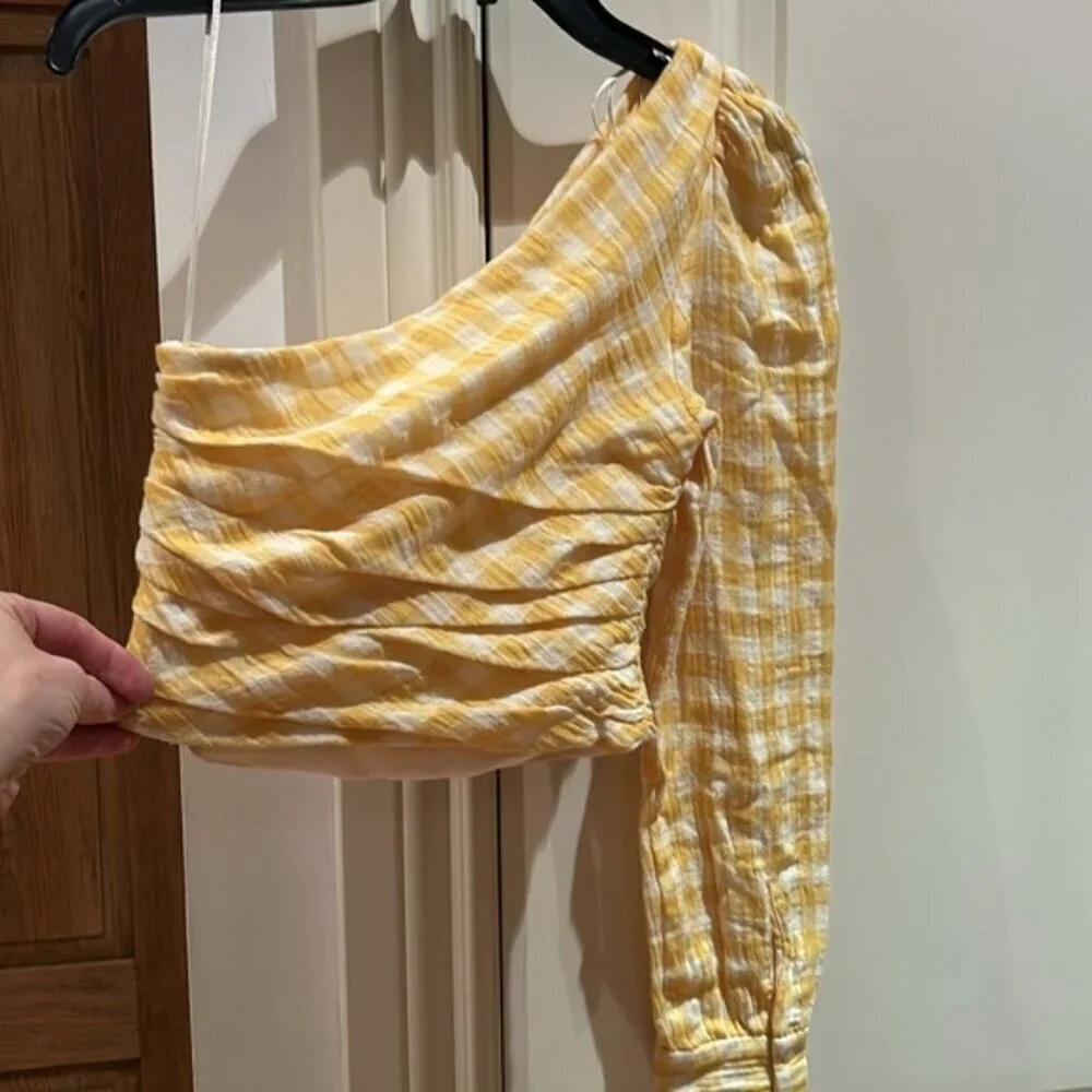 NWT ZARA yellow gingham one shoulder xs crop top picnic plaid